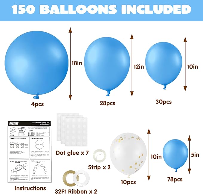 JOYIN 150 Pcs Light Blue Balloons, Different Sizes 18 12 10 5 Inch Light Blue Latex Balloon Arch Kit with Instruction for Birthday Party Graduation Wedding Holiday Decoration