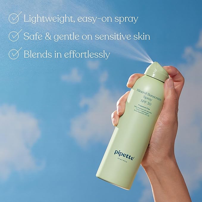 Pipette Baby Mineral Sunscreen Spray SPF 30, Broad Spectrum with Non-Nano Zinc Oxide, Water Resistant UVB/UVA Non-Toxic Sun Protection for Kids & Sensitive Skin, 6 oz