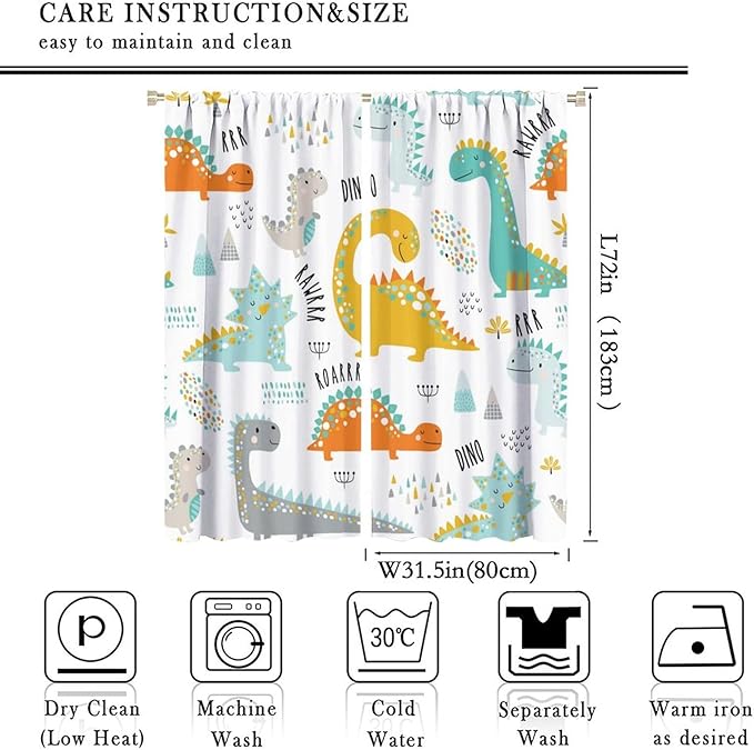 Dinosaur Curtains for Kids Boys Girls Home Decor Childish Cute Dino Animals Print Pattern Rod Pocket Blackout Window Drapes for Nursery Baby Bedroom Playroom W31.5xL72in 2 Panels
