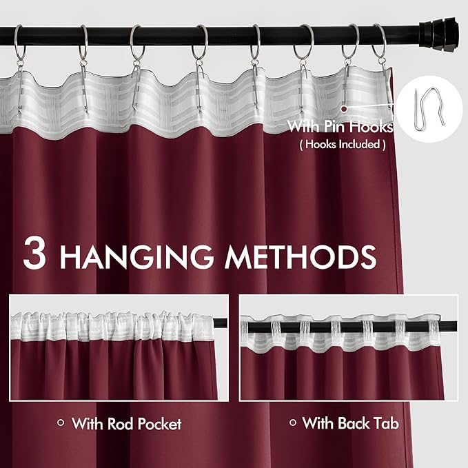 MIULEE Wine Red Back Tab Blackout Curtains 108 Inch Long 2 Panels Set for Bedroom, Rod Pocket/Pinch Pleat Extra Long Thermal Insulated Living Room Darkening Pleated Light Blocking Drapes