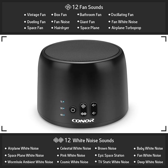 Conor White Noise Machine, Sleep Sound Machine - 24 High Fidelity Soothing Fan & White Noise Sounds, Timer & Memory Feature, Portable Office Privacy or Travel Sleep Therapy for Baby, Kids, Adults