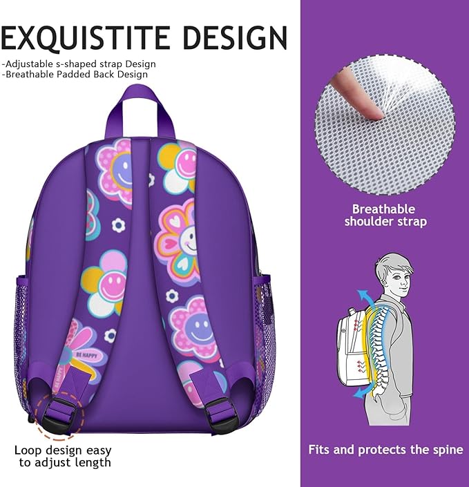 Toddler Backpack for Girls 3-8: Preschool Kindergarten Backpack - Cute Kids Backpacks for Girls-Purple Smile