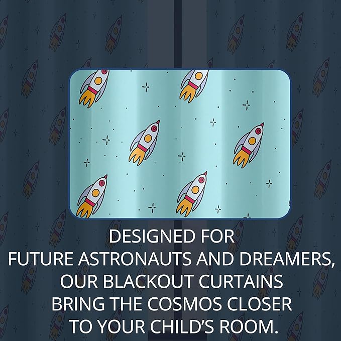 Kids Space Rockets Blackout Curtains - 100% Blackout, Thermal Insulated, Noise Reducing, Perfect for Kids Room and Nursery, 2 Panels (Aqua Mini Rockets, W52×L84)
