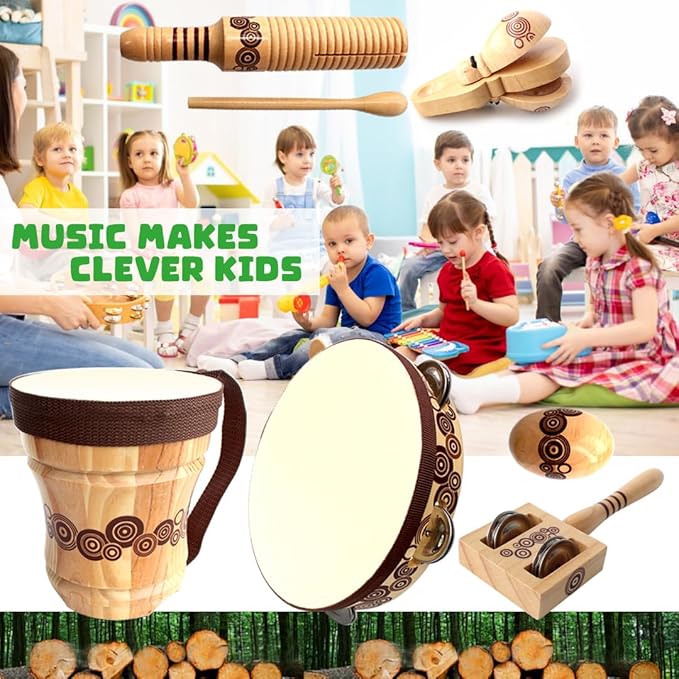 Wooden Musical Instruments Set for Kids,7 Types Percussion Set,Bongo Drum,Tambourine 8 inch...Natural Sheepskin Drumhead,Toddler Musical Toys,Gift for Rhythm Montessori Class Education