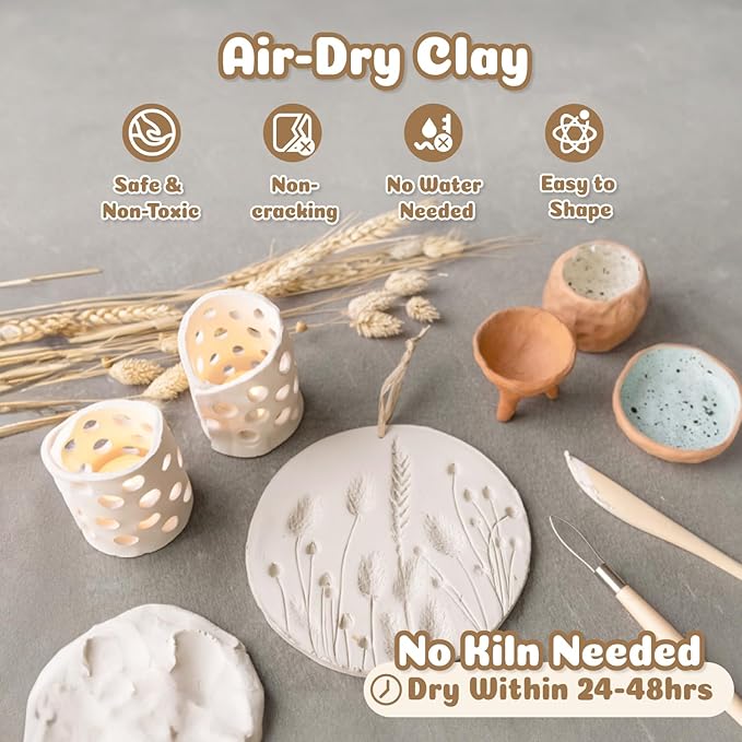 Air Dry Clay for Adults - Pottery kit for Beginne,Air Dry Clay w/Air Dy Clay Tools,White Dry Clay,Sculpting Tools, Gloss Varnish,DIY Plate Making Kit for Arts & Crafts,Christmas Gift