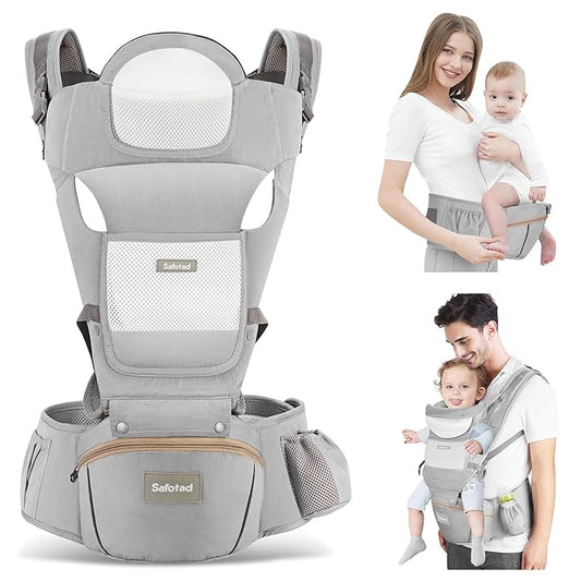 Baby Carrier with Hip Seat,Ergonomic M Position 6in1 Baby Carrier Newborn to Toddler,Head Support and Breathable Mesh Newborn Carrier,Adjustable Baby Holder Carrier for Dad&Mom-Grey