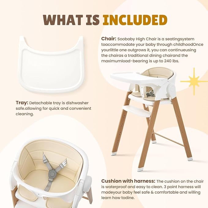 Convertible High Chairs for Babies & Toddlers. 5-in-1 Adjustable High Chair with Removable Tray, Easy to Clean, Portable (White Khaki)