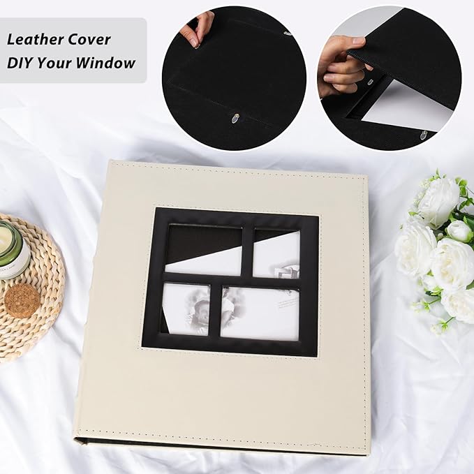 RECUTMS Photo Album 4x6 600 Pockets, Black Pages Leather Cover Large Capacity Picture Albums Holds 600 Horizontal and Vertical Photos (Beige)