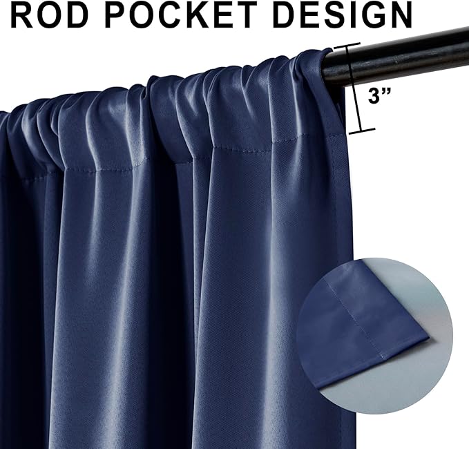 XWZO Full Shading Blackout Curtains 72 Inches Length - Heat and Light Blocking Rod Pocket Window Drapes with Black Liner Backing for Bedroom Sewn with Tiebacks, Navy Blue, W52 x L72, Set of 2
