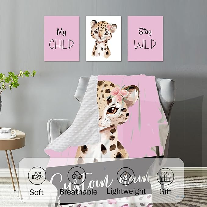 Personalized Nursery Crib Bedding Set: Custom Name Pink 5 Piece Baby Crib Sets with Leopard Design - Toddler Double Layer Blanket Set, Comfortable Crib Bed Sheets for Baby Grils