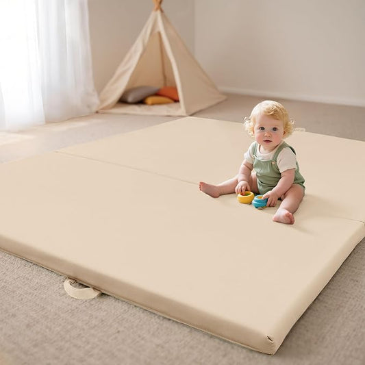 Bella’s Friends Foldable Baby Play Mat for Floor, 50"x50" Vegan Leather Playpen Mat, 1.2" Extra Thick Foam, Non-Toxic, Wipe-Clean, Travel-Ready, Non-Slip Crawling Mat for Kids Toddlers&Infants, Beige