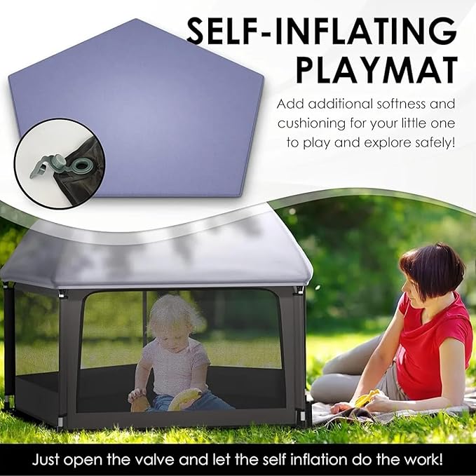 Pop-Up Playpen for Babies & Toddlers Foldable with Canopy (UPF 50), Self-Inflating Playmat, Wind Shade & Carry Bag Durable Baby Beach Tent, Outdoor
