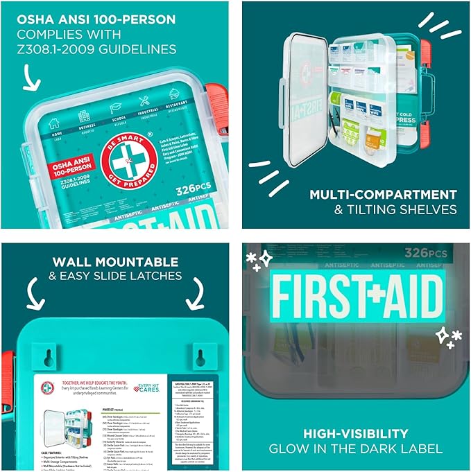 Be Smart Get Prepared First Aid Kit, Teal, 326 Piece, Exceeds OSHA and ANSI Guidelines 100 People - Office, Home, Car, School, Emergency, Survival, Camping, Hunting and Sports