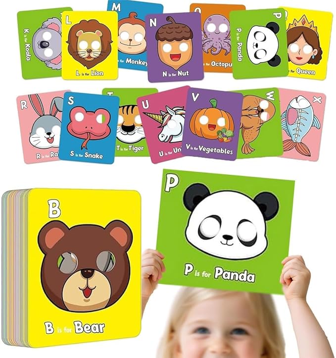 26 PCS Alphabet ABC Flash Cards with Animal Masks, Colorful Alphabet Mask Cards, Giant Letter ABC Animal Faces Flash Learning Flashcards, Interactive Education Games, Learn Letters