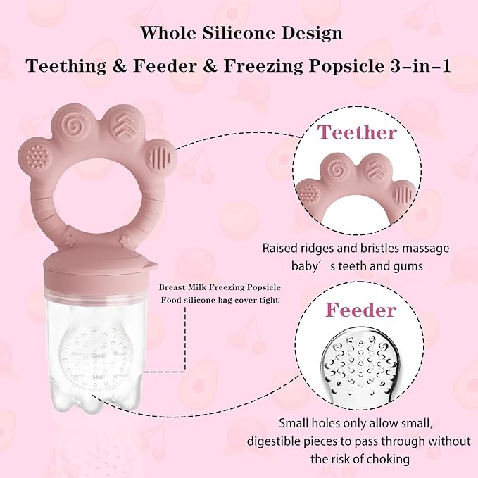 Baby Fruit Food Feeder - Silicone Nibble Tray Combo - Breastmilk Popsicle Mold for Cooling Relief, BPA Free Mesh Feeder for Infant Self Feeding (Claw Pink + Pineapple)