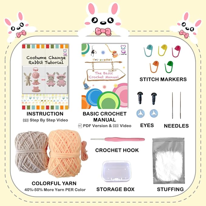 LoopMap Beginner Crochet Kit for Adults & Kids - DIY Amigurumi Bunny with Removable Dress & Accessories - Step-by-Step Video Tutorials, Extra Yarn, Crochet Tools - Handmade Gift (Bunny-Yellow)