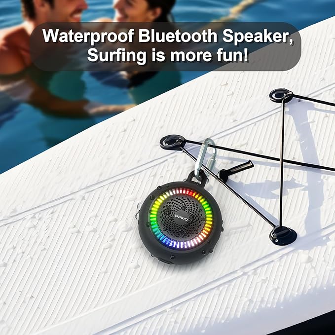 SOWO Shower Speaker Bluetooth Waterproof | Small Portable Wireless Bluetooth Speaker with Clip | Powerful Bass and Louder Volume | Colorful Lights and Lightweight | for Bathroom,Travel,Beach | Black
