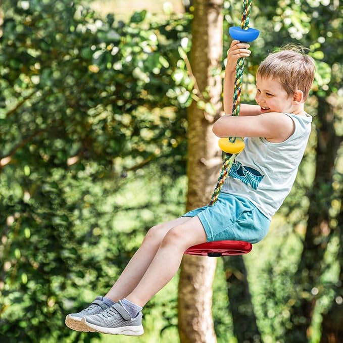 Tree Swing Climbing Rainbow Rope, Heavy Duty Swing Disc Seat Replacement for Kids with Hanging Strap and Platform Carabiners Indoor/Outdoor Playground Accessories (Red)