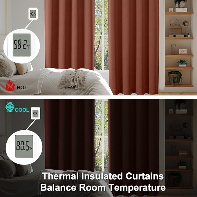 Simplebrand Ava Terracotta Short Blackout Curtains for Bedroom 45 Inches Long 2 Panels Set, Solid Thermal Insulated, Energy Saving Window Treatment Curtains Blackout Drapes, W40 x L45 Inch, Terracotta