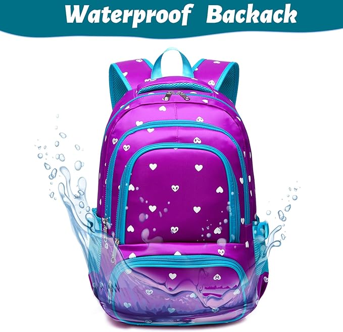 BLUEFAIRY Kids Backpack for Girls Primary Elementary School Bag Bookbag for Childs Book Bag Mochilas Escolares para Niñas de 4-6 Back to School Cute Gifts 17" Heart Print/Purple