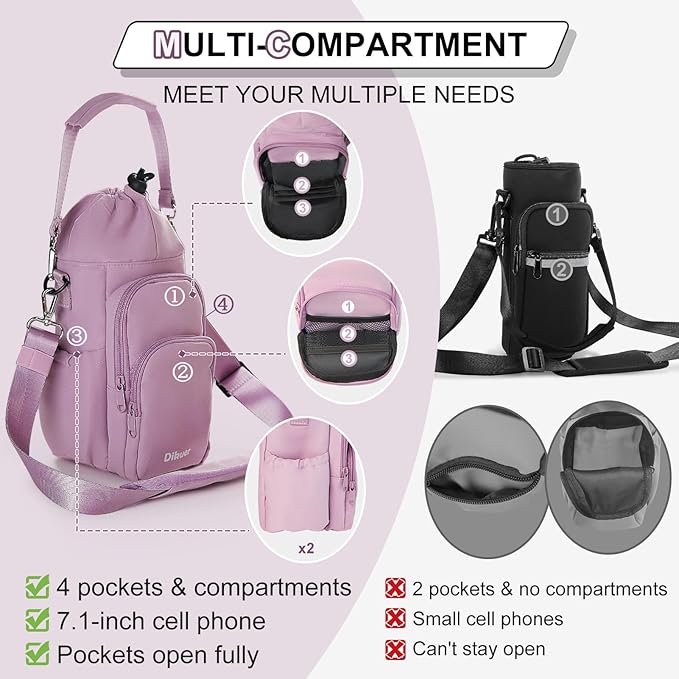 Water Bottle Holder with Strap, 4 Big Pockets with Compartment, 24oz/32oz/40oz Crossbody Water Bottle Carrier Bag