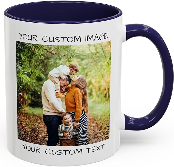 Personalized Coffee Mug – Custom Photo, Text, or Logo Ceramic Mug Tea Cup | Taza Personalizada with Picture or Message | Customized Gift Idea for Men & Women, Mom, Dad, Friends - White/Blue | 11oz