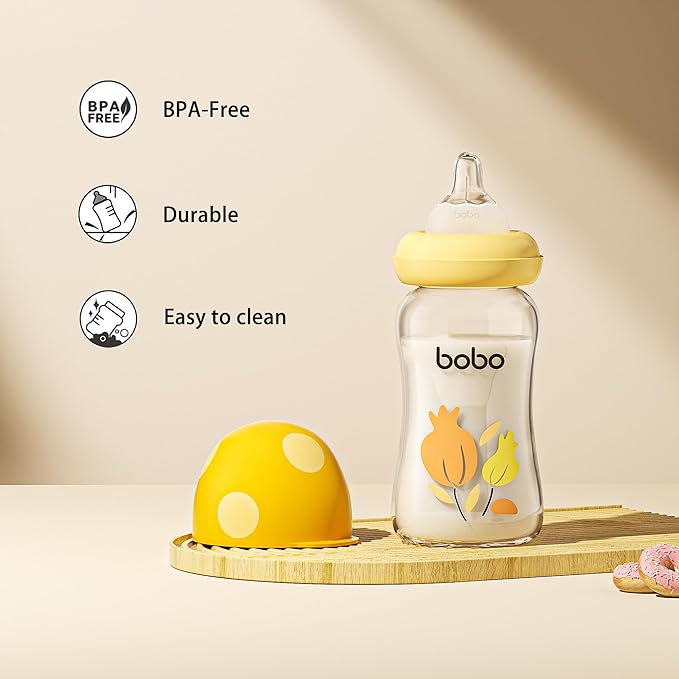 YOHKOH Natural Glass Baby Bottle with Natural Response Nipple, Newborn Anti-Colic Baby Bottles, Wide Neck Mushroom Cap Baby Bottle, Clear (Yellow, (5.4oz (Pack of 4))