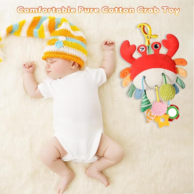 Car Seat Toys for Babies 0–12 Months, Hanging Infant Plush Rattle Toy with Mirror & Crinkle Clip-On Activity Toy for Car Seat, Stroller, Crib & Play Gym Baby Gift for Boys & Girls