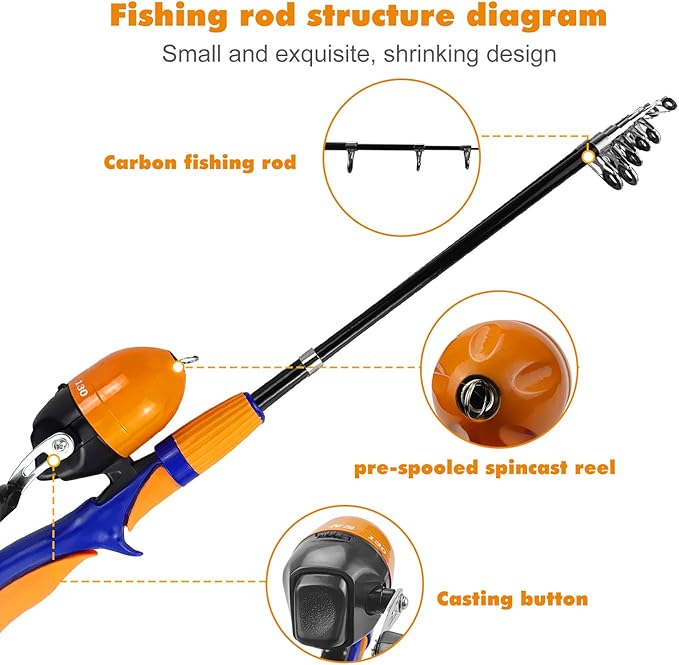 Urban Deco Kids Fishing Pole Set Portable Telescopic Kids Fishing Rod and Reel Combo Kit with Tackle Box for Beginners, Boys,Girls,Youth,Children