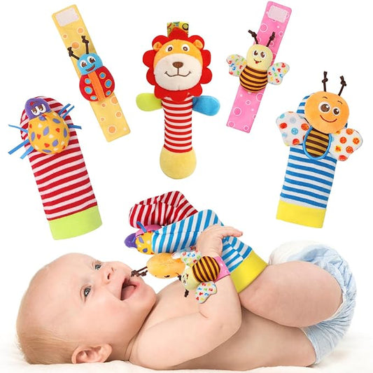 Wrist Rattles Foot Finder Rattle Toy for 0-6 Months Baby, Feet Leg Ankle Socks Arm Hand Bracelet Shaker for 6-12 Months Infant boy & Girl, Gift Set for 0-3 Years Newborn Babies (5 pcs-F)