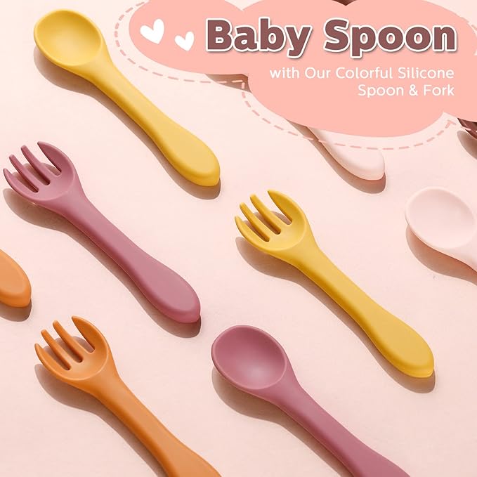 10 Pieces Baby Led Weaning Spoons and Forks Set Infant Silicone Spoon First Self Feed Baby training Utensils for Toddler First Stage Feeding Supplies for Kids Over 6 Months, 5 Pairs (Bright Colors)