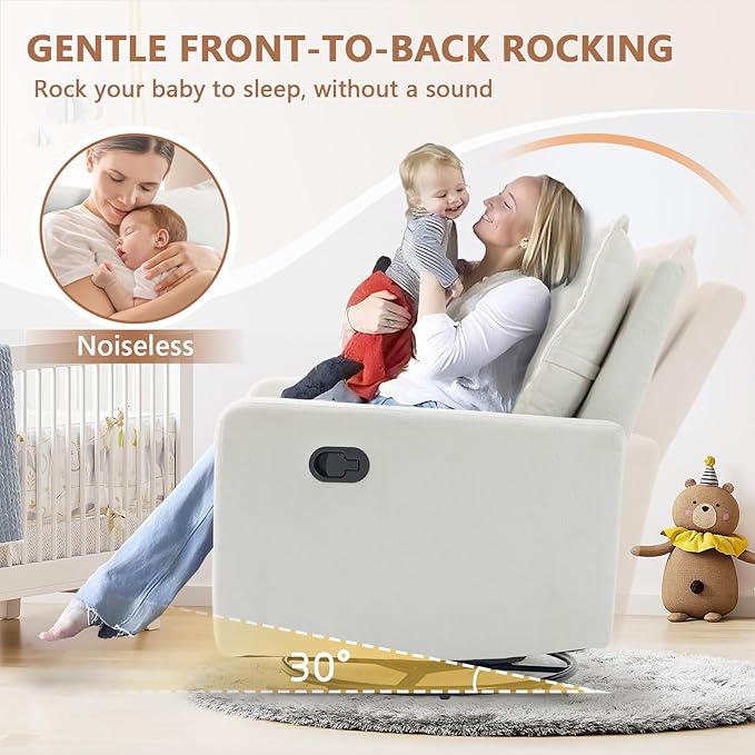 Swivel Rocking Recliner Chair for Nursery, Upholstered Glider Rocker Recliner, Swivel Reclining Chair for Nursery Living Room Bedroom, White Short Plush