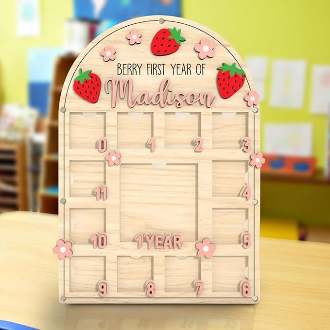 Personalized My First Year Photo Frame | 12 Months Picture Frame For Baby First Year | Displays One 4x4 Pics And Twelve 2x2 Pictures | Birthday Party Decor Newborn Memory Keepsake, Strawberry