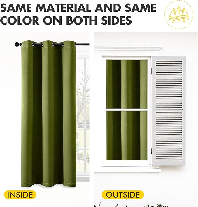 MIULEE Light Olive Green Blackout Curtains for Bedroom Living Room 72 Inches Long 2 Panels, Thermal Insulated Room Darkening Drapes Grommet Top Light Blocking Window Curtains W40 x L72 Inch