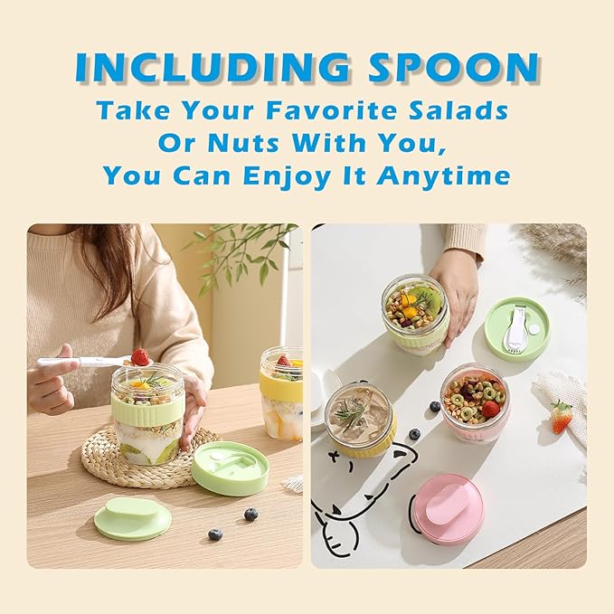 Breakfast On The Go Cups, Overnight Oats Containers With Lid And Folding Spoon, Take And Go Yogurt Cereal Snack Parfait Salad Containers For Lunch, Fruit & Vegetable Jar, 20 oz(Green)