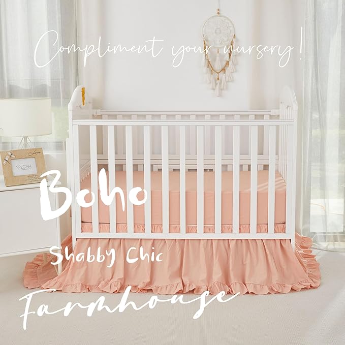 Brandream Baby Crib Bedding Set for Girls Boys Gender Neutral Boho Bohemian Farmhouse Chic Ruffle 6-Piece Nursery Bedding Set - 100% Cotton with Washed Craft Blush Pink Super Soft