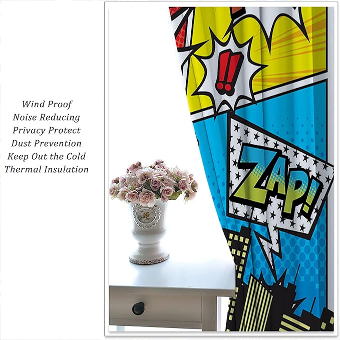 Superhero City Wars Explosion Rod Pocket Blackout Curtains for Boy Girl Bedroom, Colorful Comics Ar Home Energy Efficient Light Filtering Window Curtain for Living Room, 84x84 inch