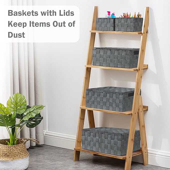 Storage Bins with Lids, Woven Storage Box Organizer Containers Decorative Baskets Cube for Clothes Bedroom Closet Office (5 Pack, Grey)
