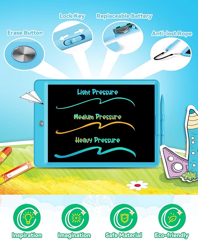 KOKODI 10 Inch LCD Writing Tablet with Anti-Lost Stylus, Erasable Doodle Board Colorful Toddler Drawing Pad, Car Travel School Games Toys for 3 4 5 6 7 8 Kids, Birthday Gift for Girls Boys Adults Blue