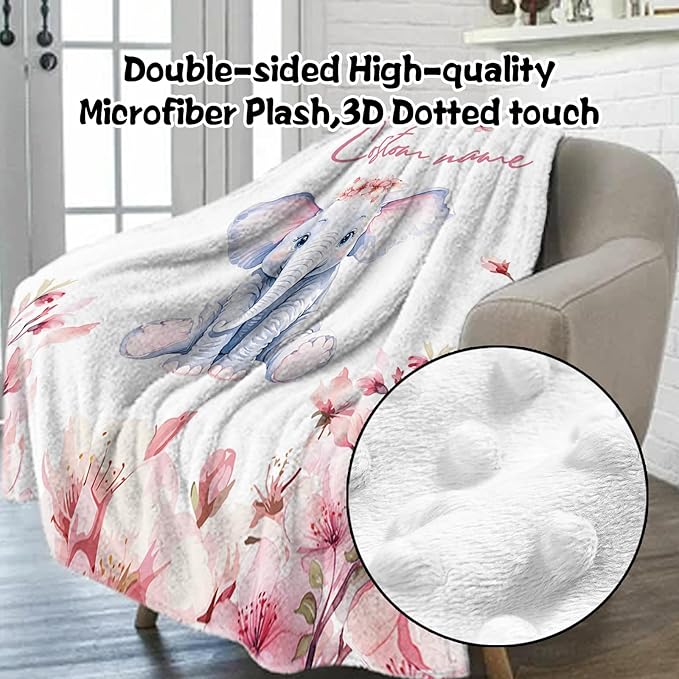 Custom Nursery Crib Bedding Set: 4 Piece Pink Flower Elephant Pattern Baby Crib Sets for Girls with Personalized Name - Toddler Double Layer Blanket Set, Comfortable Crib Bed Sheets for Baby Toddlers