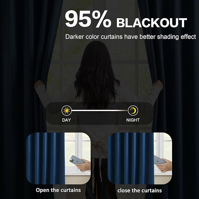 Pinch Pleated Curtains 63 Inches Long 2 Panels Set, Thermal Insulated Blackout Room Darkening Curtain for Bedroom,Window Draperies with Hooks(Navy Blue,72x63-inch)