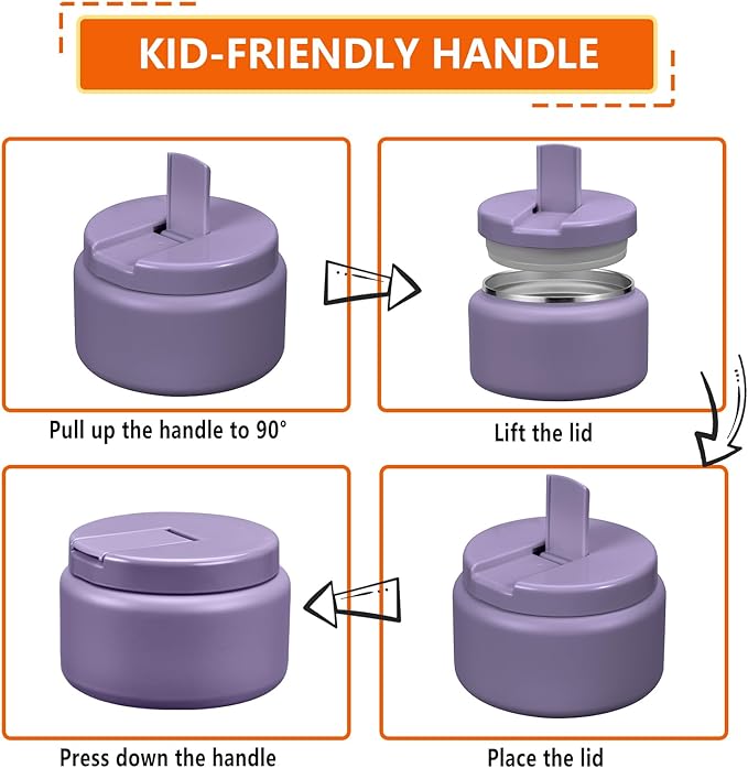 13.5oz Kids Thermos for Hot Food, Insulated Vacuum Food Jar with Buckle Lid, Stainless Steel Wide Mouth Leak Proof Insulated Lunch Container for School Picnic Travel,Purple