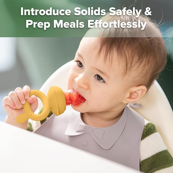 Haakaa Baby Fruit Food Feeder & Mini Freezer Nibble Tray Combo, Breastmilk Popsicle Molds for Baby Cooling Relief, BPA Free Silicone Feeder for Safe Infant Self Feeding, 4 Month+ (Mustard)