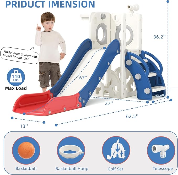 KORIMEFA 7 in 1 Toddler Slide, Kids Slide for Toddlers Baby 1-3 Years Old, Indoor and Outdoor with Basketball Hoop & Golf Set, Plastic Slides for Kids Easy Assembly, Blue