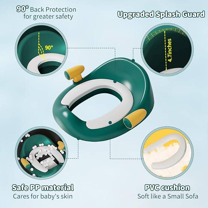 Potty Training Toilet Seat with Kids Step Stool Anti-Slip Toddler Potty Seat with Soft Cushion, Baby Potty Training Set Toddlers Toilet Seat for Boys and Girls (Green)