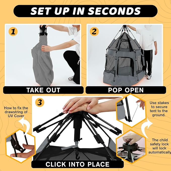 Pop Up Playpen for Babies with Canopy & Safety Lock - Outdoor Baby Playpen with 6 Ground Stakes & 6 Sand Stakes, UV Protection & Carry Bag, Instant Beach Tent for Indoor/Outdoor Use（Grey）