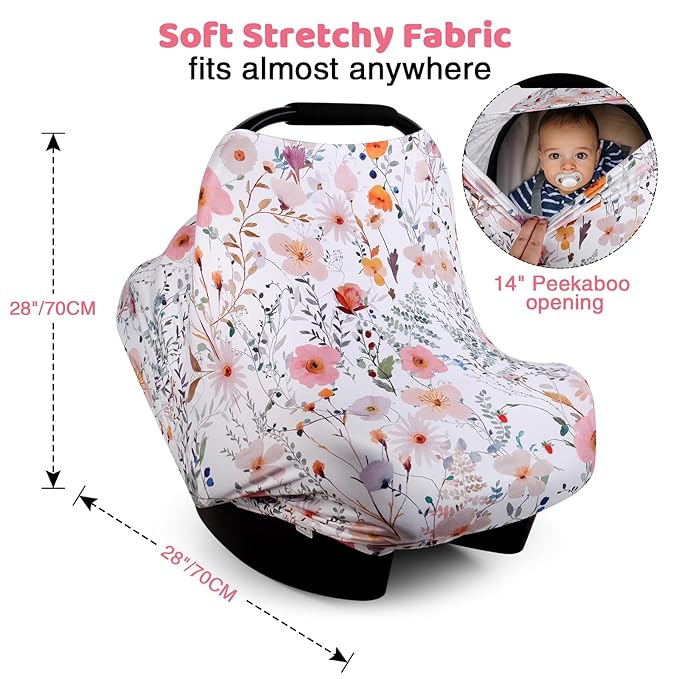 Rquite All-in-1 Car Seat Cover Baby, Carseat Covers for Girl Boy, Stretchy Soft Infant Car Seat Cover, Multi-use Baby Carrier Cover, Car Seat Canopy, Stroller Sun Shade, Nursing Breastfeeding Cover