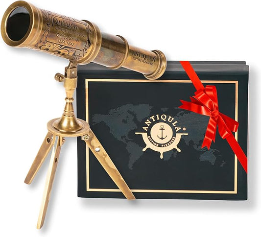 Vintage Brass Decor Telescope on Tripod, Antique Pirate Spyglass with Gift Box, Monocular Nautical Handheld Telescope Ideal for Home Decor, Gifting, Traveling, Kids, Bookshelf & Office Desk