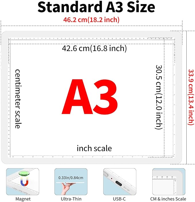 Phylosal Magnetic A3 Light Pad with Bag, Super Bright Light Box with Side Button, Diamond Art Light Board, Lightbox for Tracing and Drawing, USB Power Light Table for Sketching, Weeding Vinyl (White)