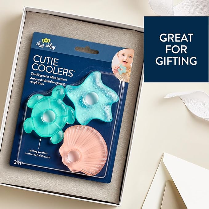 Itzy Ritzy Water-Filled Teethers - Cold Cutie Coolers Textured On Both Sides to Massage Sore Gums & Emerging Teeth - Can Be Chilled in Refrigerator, Set of 3 Seaside Water Teethers